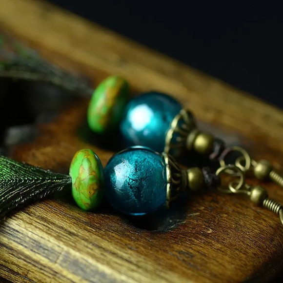 New! Bohemian Peacock Tassel Earrings - Picture 4 of 10
